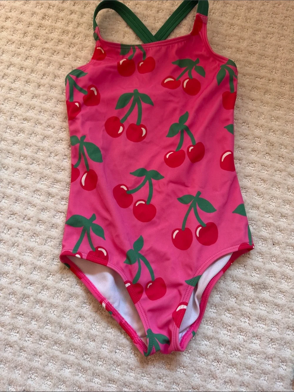 Mini Boden Pink Cherry Print One-Piece Swimsuit with Green Straps